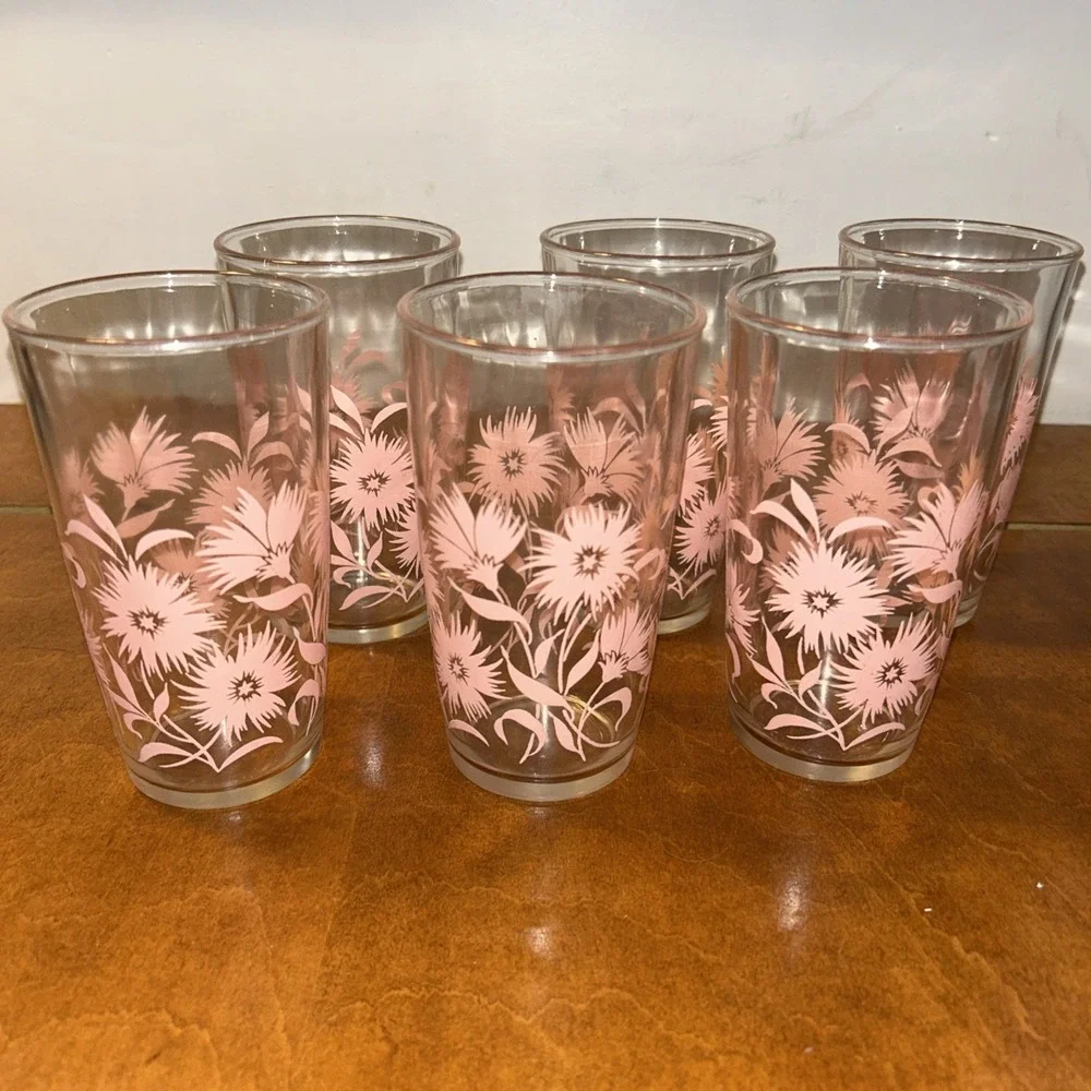 Hazel Atlas Tumbler: Mid Century Pink Flower Glassware Set Of 6